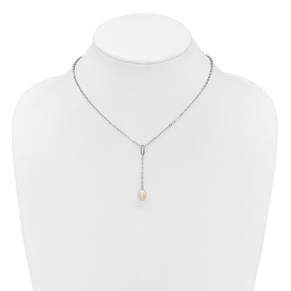 PSSN Sterling Silver Rhodium-plated 6-9mm Teardrop White Freshwater Cultured Pearl 16 inch Y-Necklace and Chain Dangle Post Earring Set