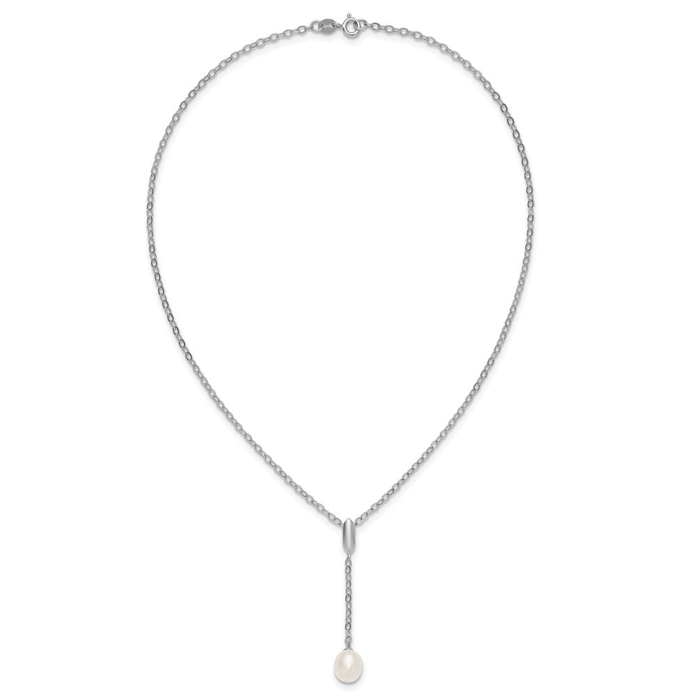 PSSN Sterling Silver Rhodium-plated 6-9mm Teardrop White Freshwater Cultured Pearl 16 inch Y-Necklace and Chain Dangle Post Earring Set