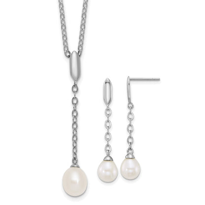 PSSN Sterling Silver Rhodium-plated 6-9mm Teardrop White Freshwater Cultured Pearl 16 inch Y-Necklace and Chain Dangle Post Earring Set