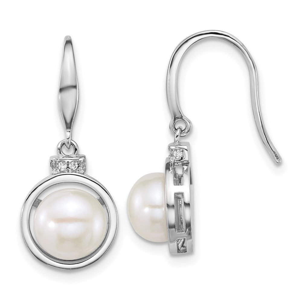 PSSN Sterling Silver Rhodium-plated 8-10mm Button White Freshwater Cultured Pearl and CZ 17 inch Necklace and Dangle Shepherd Hook Earring Set