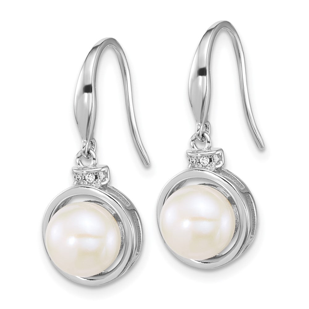 PSSN Sterling Silver Rhodium-plated 8-10mm Button White Freshwater Cultured Pearl and CZ 17 inch Necklace and Dangle Shepherd Hook Earring Set