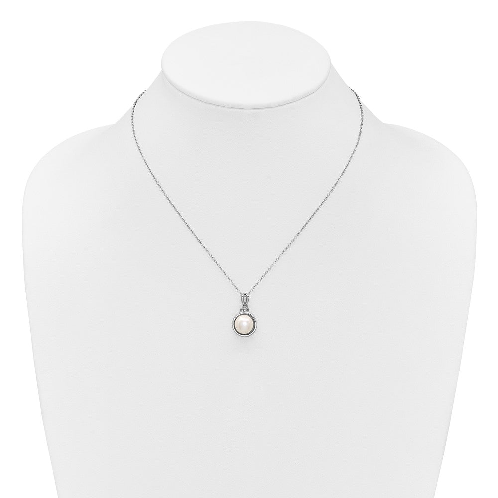 PSSN Sterling Silver Rhodium-plated 8-10mm Button White Freshwater Cultured Pearl and CZ 17 inch Necklace and Dangle Shepherd Hook Earring Set