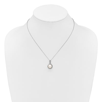 PSSN Sterling Silver Rhodium-plated 8-10mm Button White Freshwater Cultured Pearl and CZ 17 inch Necklace and Dangle Shepherd Hook Earring Set