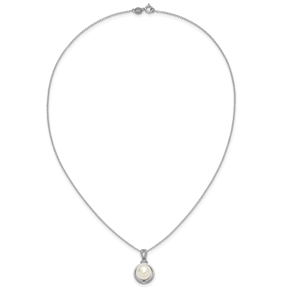 PSSN Sterling Silver Rhodium-plated 8-10mm Button White Freshwater Cultured Pearl and CZ 17 inch Necklace and Dangle Shepherd Hook Earring Set