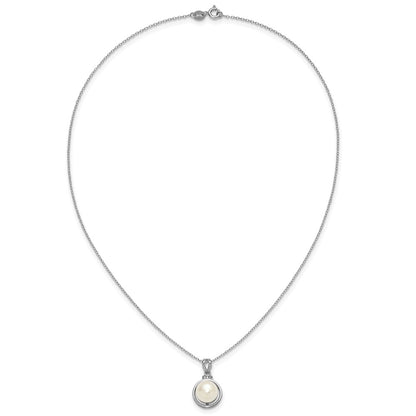 PSSN Sterling Silver Rhodium-plated 8-10mm Button White Freshwater Cultured Pearl and CZ 17 inch Necklace and Dangle Shepherd Hook Earring Set