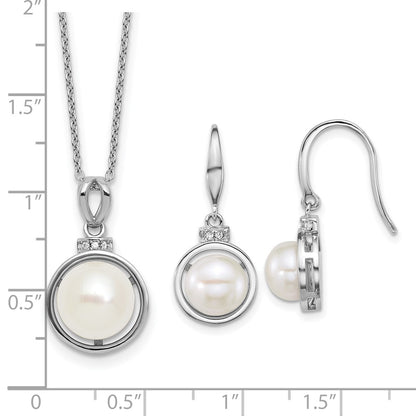 PSSN Sterling Silver Rhodium-plated 8-10mm Button White Freshwater Cultured Pearl and CZ 17 inch Necklace and Dangle Shepherd Hook Earring Set