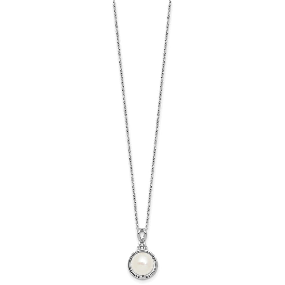 PSSN Sterling Silver Rhodium-plated 8-10mm Button White Freshwater Cultured Pearl and CZ 17 inch Necklace and Dangle Shepherd Hook Earring Set