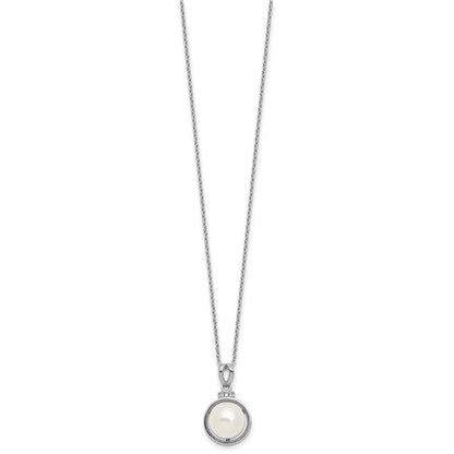 PSSN Sterling Silver Rhodium-plated 8-10mm Button White Freshwater Cultured Pearl and CZ 17 inch Necklace and Dangle Shepherd Hook Earring Set