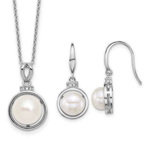 PSSN Sterling Silver Rhodium-plated 8-10mm Button White Freshwater Cultured Pearl and CZ 17 inch Necklace and Dangle Shepherd Hook Earring Set