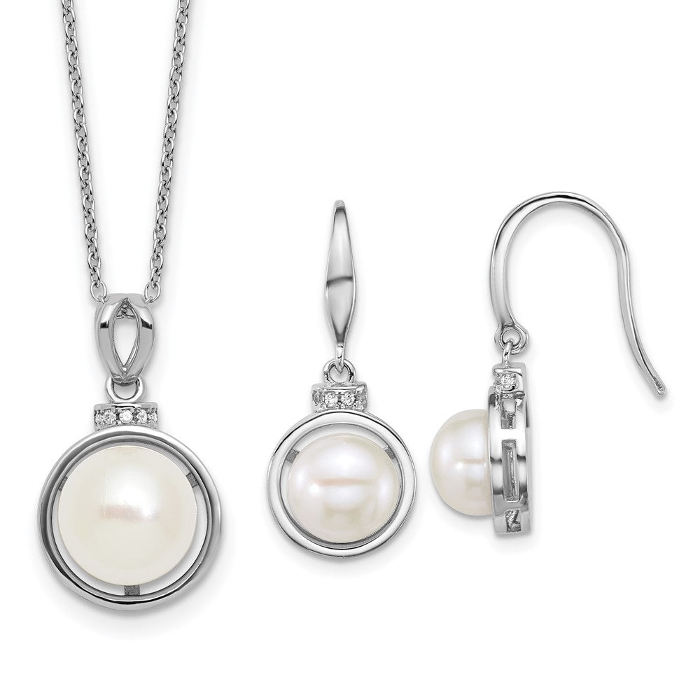 PSSN Sterling Silver Rhodium-plated 8-10mm Button White Freshwater Cultured Pearl and CZ 17 inch Necklace and Dangle Shepherd Hook Earring Set