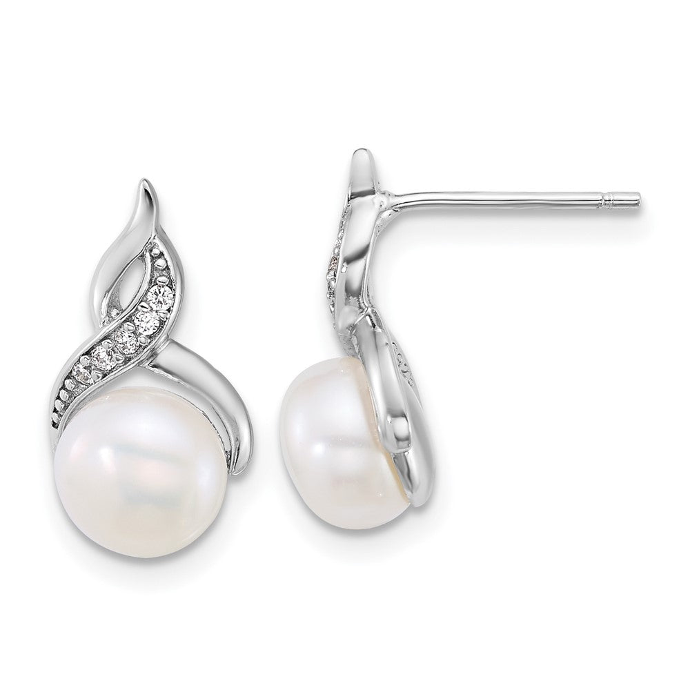 PSSN Sterling Silver Rhodium-plated 7-9mm Button White Freshwater Cultured Pearl and CZ 17 inch Necklace and Post Earring Set