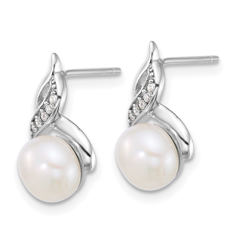 PSSN Sterling Silver Rhodium-plated 7-9mm Button White Freshwater Cultured Pearl and CZ 17 inch Necklace and Post Earring Set