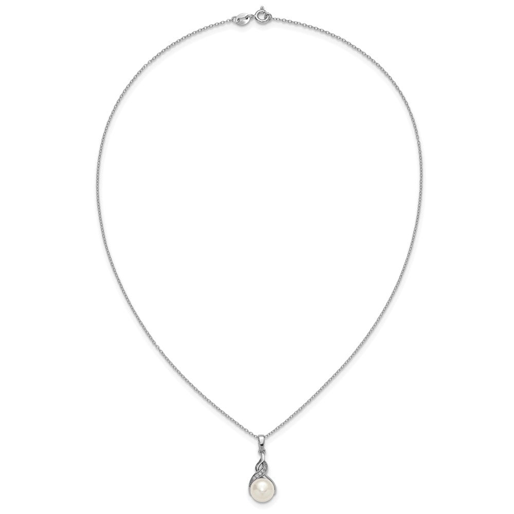 PSSN Sterling Silver Rhodium-plated 7-9mm Button White Freshwater Cultured Pearl and CZ 17 inch Necklace and Post Earring Set