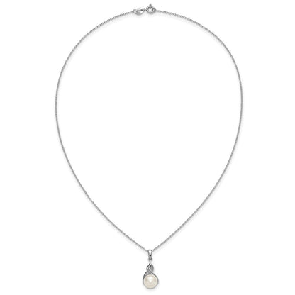 PSSN Sterling Silver Rhodium-plated 7-9mm Button White Freshwater Cultured Pearl and CZ 17 inch Necklace and Post Earring Set