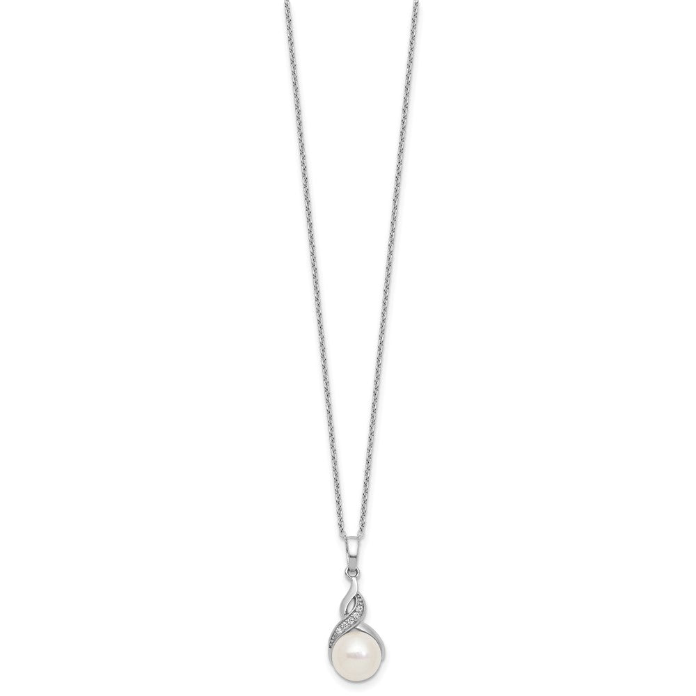 PSSN Sterling Silver Rhodium-plated 7-9mm Button White Freshwater Cultured Pearl and CZ 17 inch Necklace and Post Earring Set