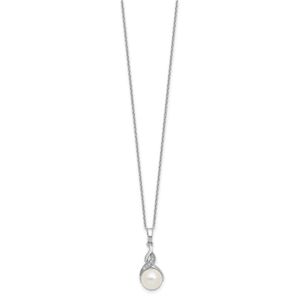 PSSN Sterling Silver Rhodium-plated 7-9mm Button White Freshwater Cultured Pearl and CZ 17 inch Necklace and Post Earring Set