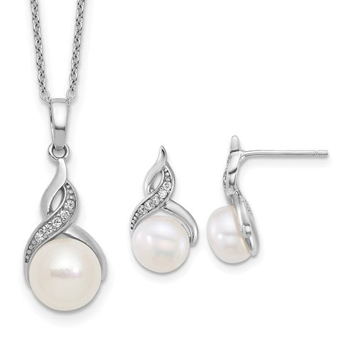 PSSN Sterling Silver Rhodium-plated 7-9mm Button White Freshwater Cultured Pearl and CZ 17 inch Necklace and Post Earring Set