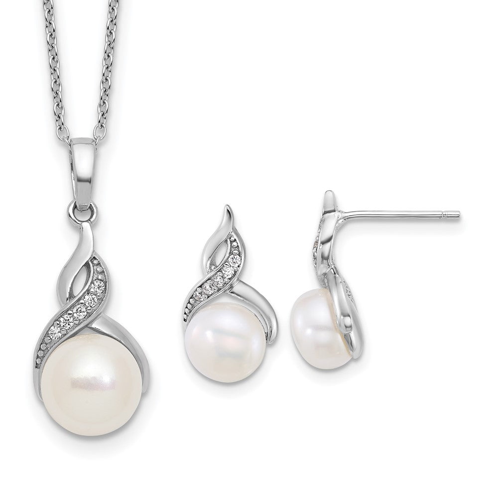 PSSN Sterling Silver Rhodium-plated 7-9mm Button White Freshwater Cultured Pearl and CZ 17 inch Necklace and Post Earring Set