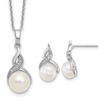PSSN Sterling Silver Rhodium-plated 7-9mm Button White Freshwater Cultured Pearl and CZ 17 inch Necklace and Post Earring Set