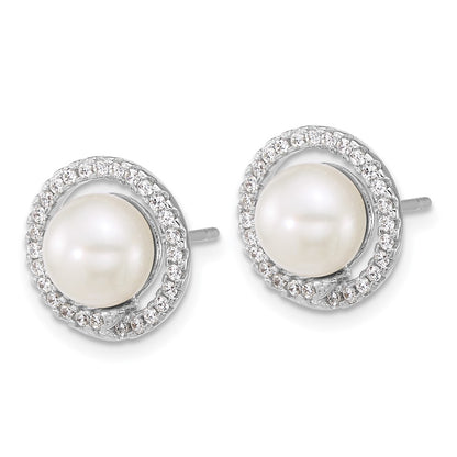 PSSE Sterling Silver Rhodium-plated 7-9mm Button White Freshwater Cultured Pearl and CZ Halo 17 inch Necklace and Post Earring Set