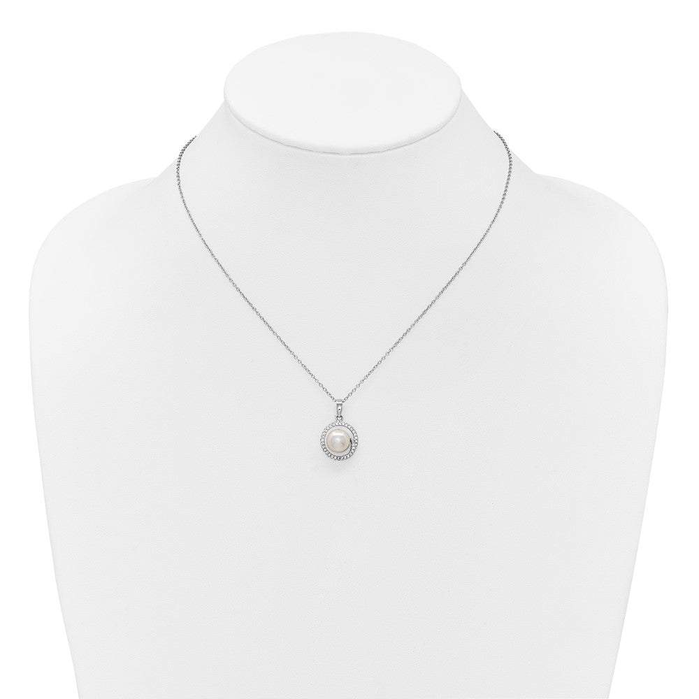 PSSE Sterling Silver Rhodium-plated 7-9mm Button White Freshwater Cultured Pearl and CZ Halo 17 inch Necklace and Post Earring Set