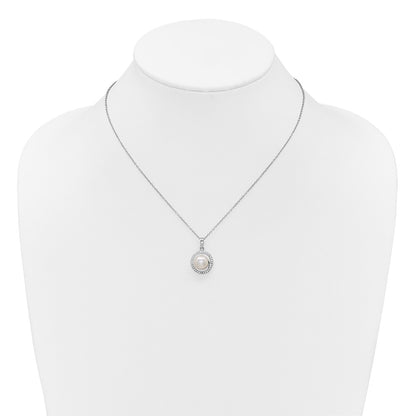 PSSE Sterling Silver Rhodium-plated 7-9mm Button White Freshwater Cultured Pearl and CZ Halo 17 inch Necklace and Post Earring Set