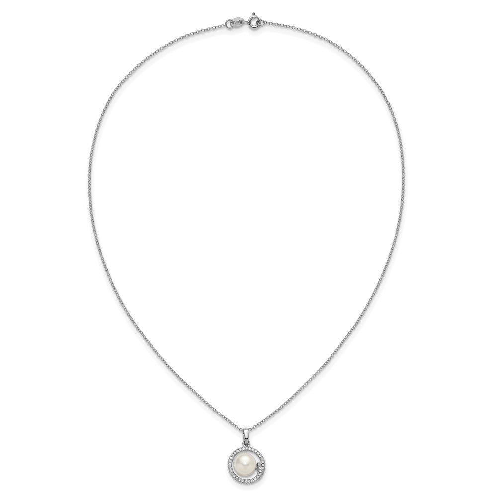 PSSE Sterling Silver Rhodium-plated 7-9mm Button White Freshwater Cultured Pearl and CZ Halo 17 inch Necklace and Post Earring Set