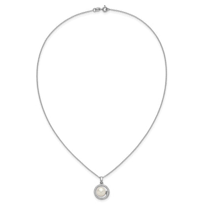 PSSE Sterling Silver Rhodium-plated 7-9mm Button White Freshwater Cultured Pearl and CZ Halo 17 inch Necklace and Post Earring Set