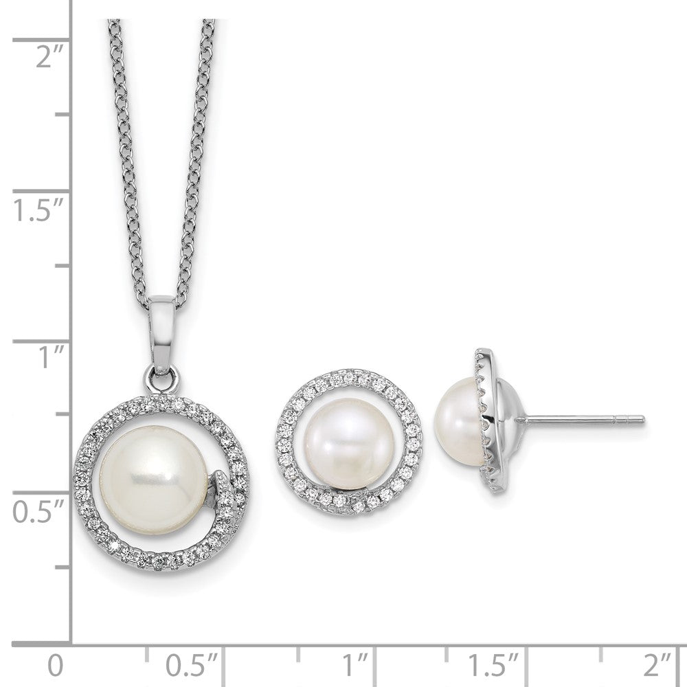 PSSE Sterling Silver Rhodium-plated 7-9mm Button White Freshwater Cultured Pearl and CZ Halo 17 inch Necklace and Post Earring Set