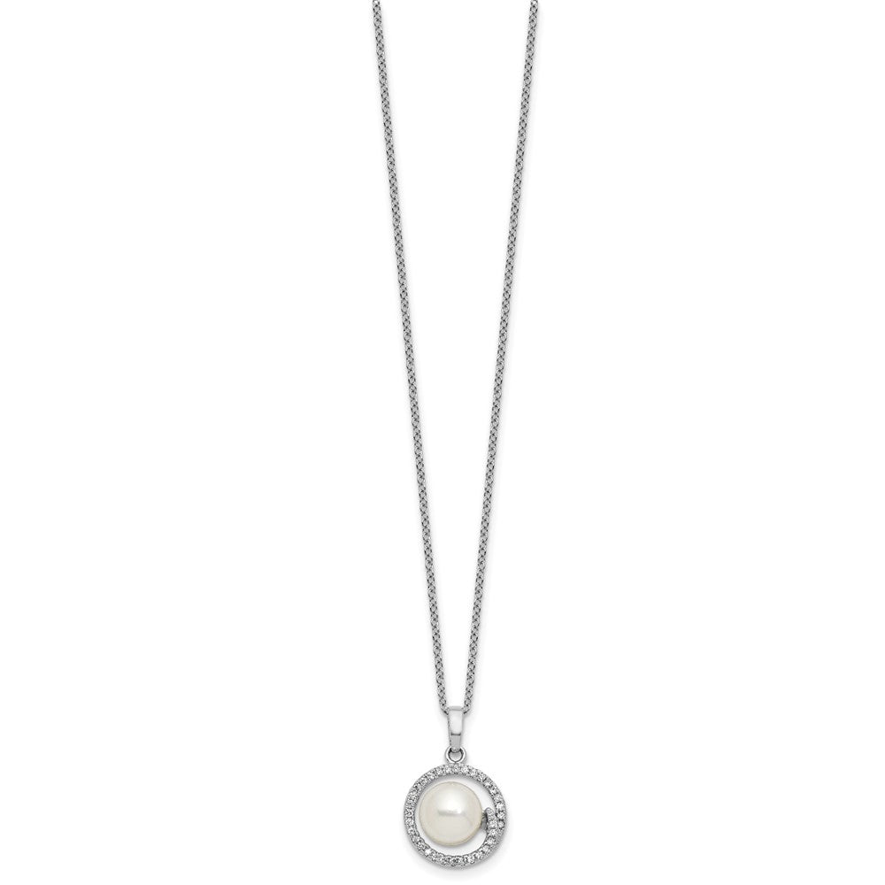 PSSE Sterling Silver Rhodium-plated 7-9mm Button White Freshwater Cultured Pearl and CZ Halo 17 inch Necklace and Post Earring Set