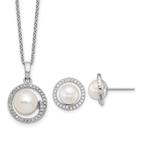PSSE Sterling Silver Rhodium-plated 7-9mm Button White Freshwater Cultured Pearl and CZ Halo 17 inch Necklace and Post Earring Set