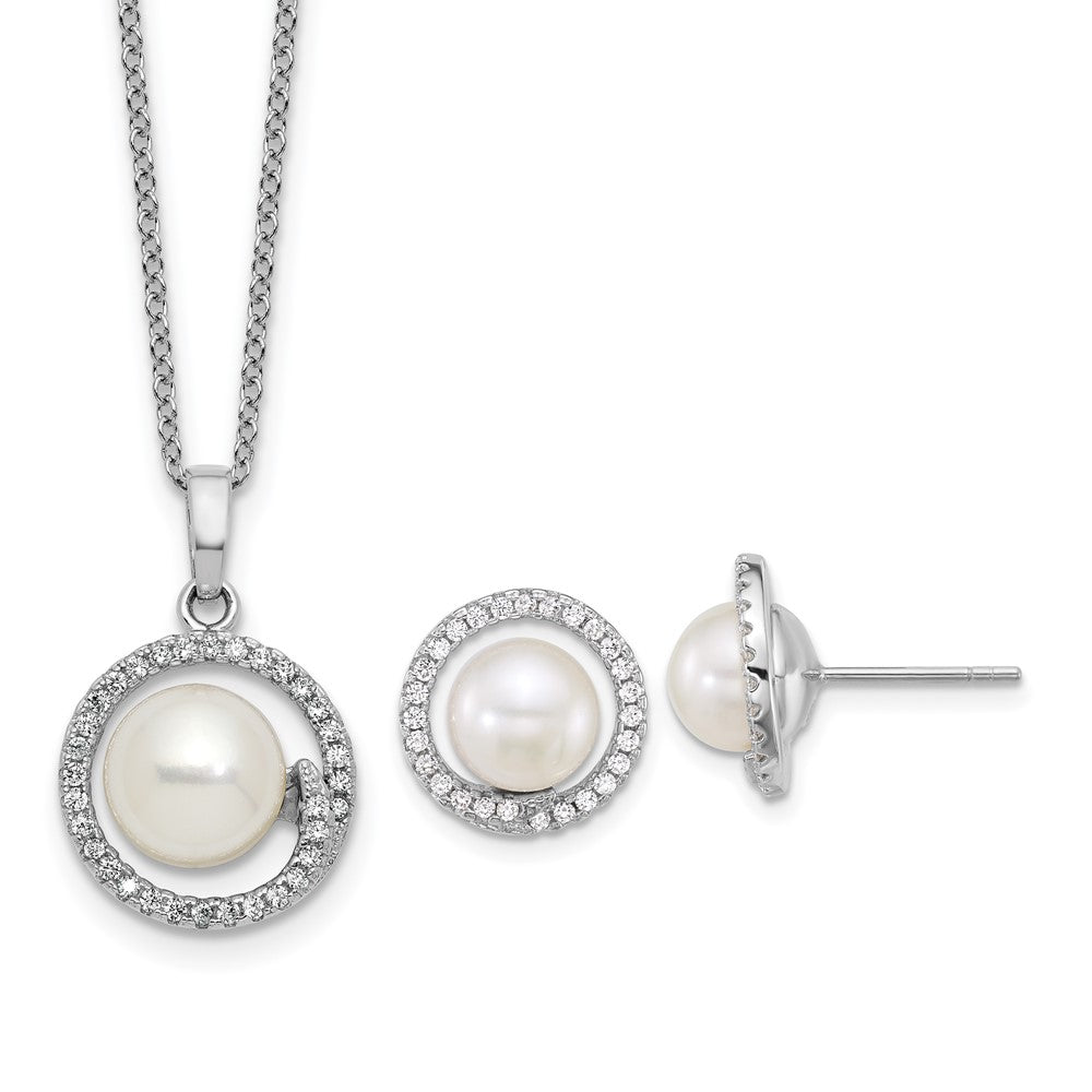PSSE Sterling Silver Rhodium-plated 7-9mm Button White Freshwater Cultured Pearl and CZ Halo 17 inch Necklace and Post Earring Set