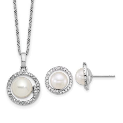 PSSE Sterling Silver Rhodium-plated 7-9mm Button White Freshwater Cultured Pearl and CZ Halo 17 inch Necklace and Post Earring Set