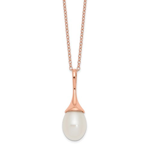 PSSN Sterling Silver Rose-tone 8-9mm White Teardrop Freshwater Cultured Pearl 17 inch Necklace