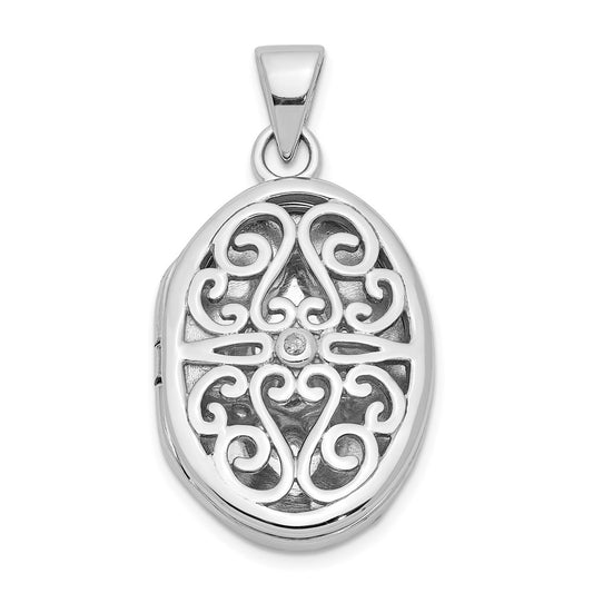 SSP Sterling Silver Rhodium-plated Diamond Accent Filigree Oval 22mm Locket