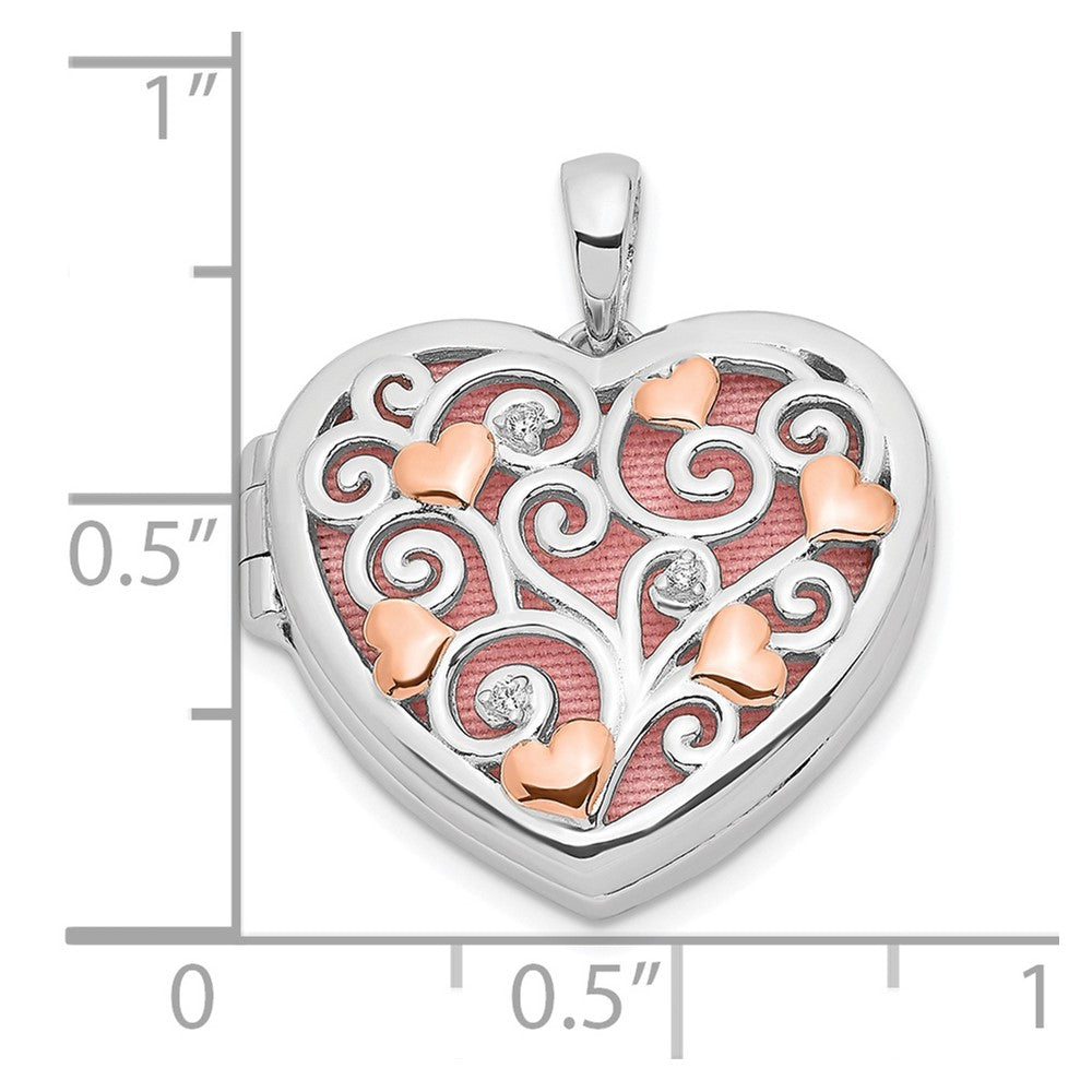 SSCZ Sterling Silver Rhodium-plated CZ Rose Rhodium Filigree 18mm Heart Locket