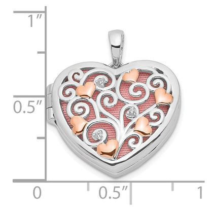 SSCZ Sterling Silver Rhodium-plated CZ Rose Rhodium Filigree 18mm Heart Locket