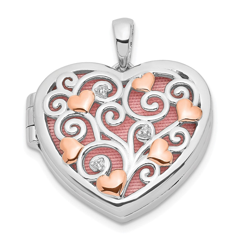 SSCZ Sterling Silver Rhodium-plated CZ Rose Rhodium Filigree 18mm Heart Locket