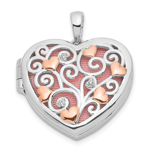 SSCZ Sterling Silver Rhodium-plated CZ Rose Rhodium Filigree 18mm Heart Locket