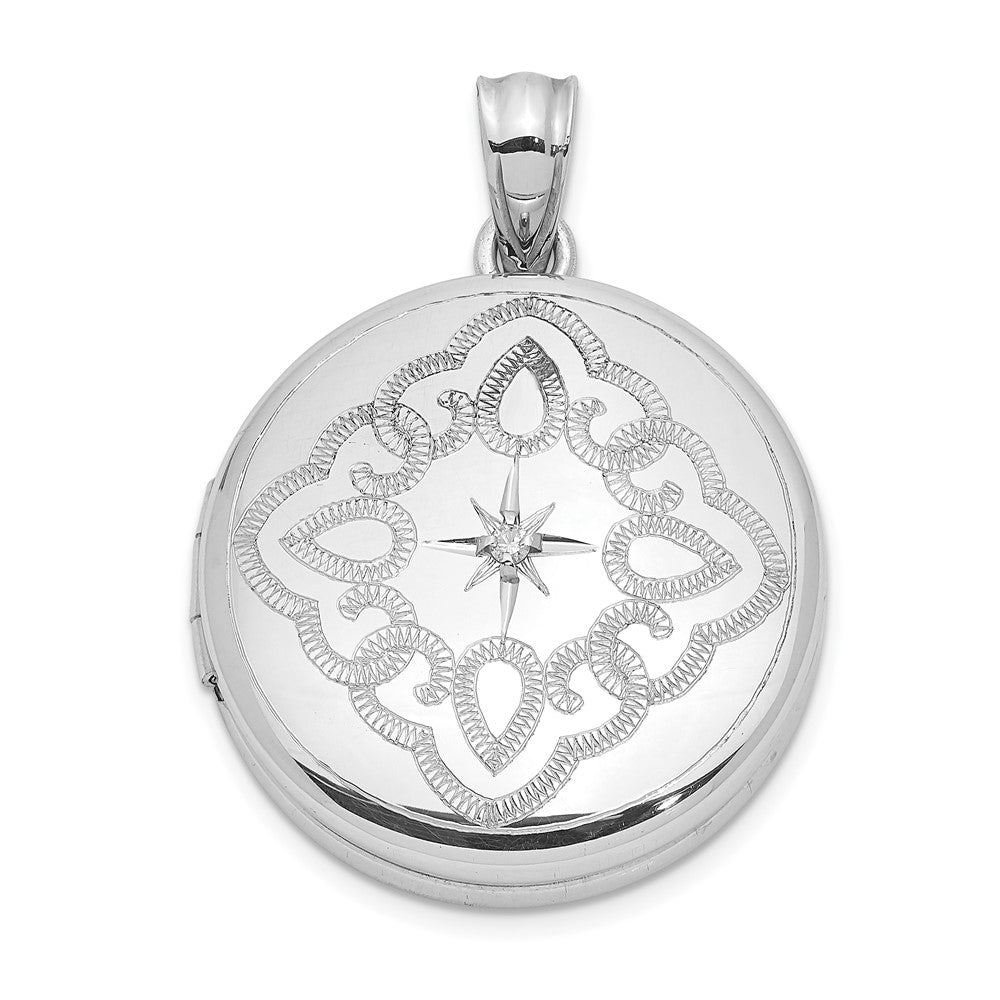 DSS Sterling Silver Rhodium-plated Lace Design Diamond 20mm Round Locket