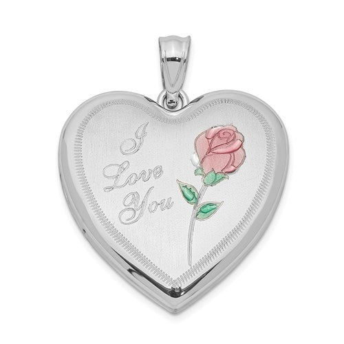 SSP Sterling Silver Rhodium-plated 24mm Enameled Rose Heart Locket