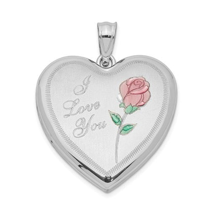 SSP Sterling Silver Rhodium-plated 24mm Enameled Rose Heart Locket