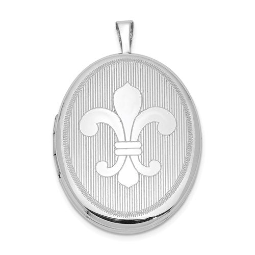 SSP Sterling Silver Rhodium-plated 26mm Fleur De Lis Oval Locket