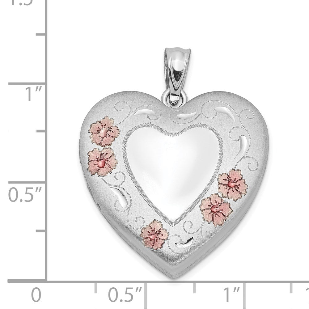 SSP Sterling Silver Rhodium-plated 24mm Enameled Floral Border Heart Locket