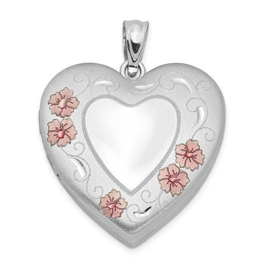 SSP Sterling Silver Rhodium-plated 24mm Enameled Floral Border Heart Locket
