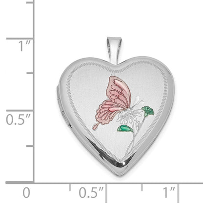 SSP Sterling Silver Rhodium-plated 20mm Enameled Butterfly Heart Locket