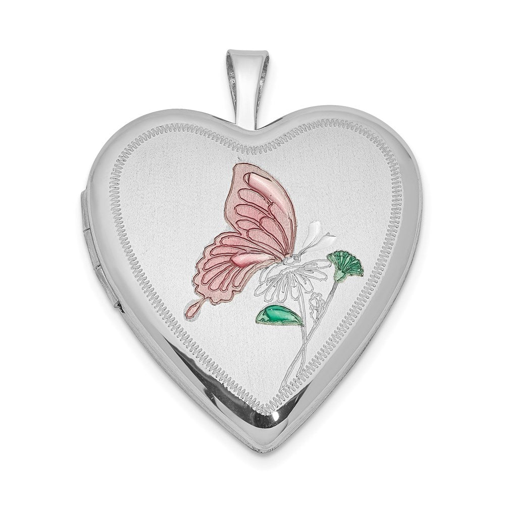 SSP Sterling Silver Rhodium-plated 20mm Enameled Butterfly Heart Locket