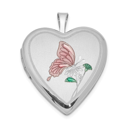 SSP Sterling Silver Rhodium-plated 20mm Enameled Butterfly Heart Locket