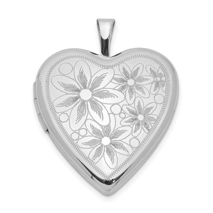 SSP Sterling Silver Rhodium-plated 20mm Textured Daisies Heart Locket