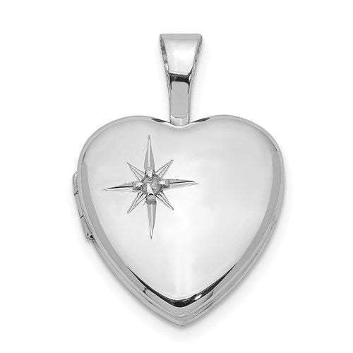 DSS Sterling Silver Rhodium-plated Polished Diamond Star 12mm Heart Locket